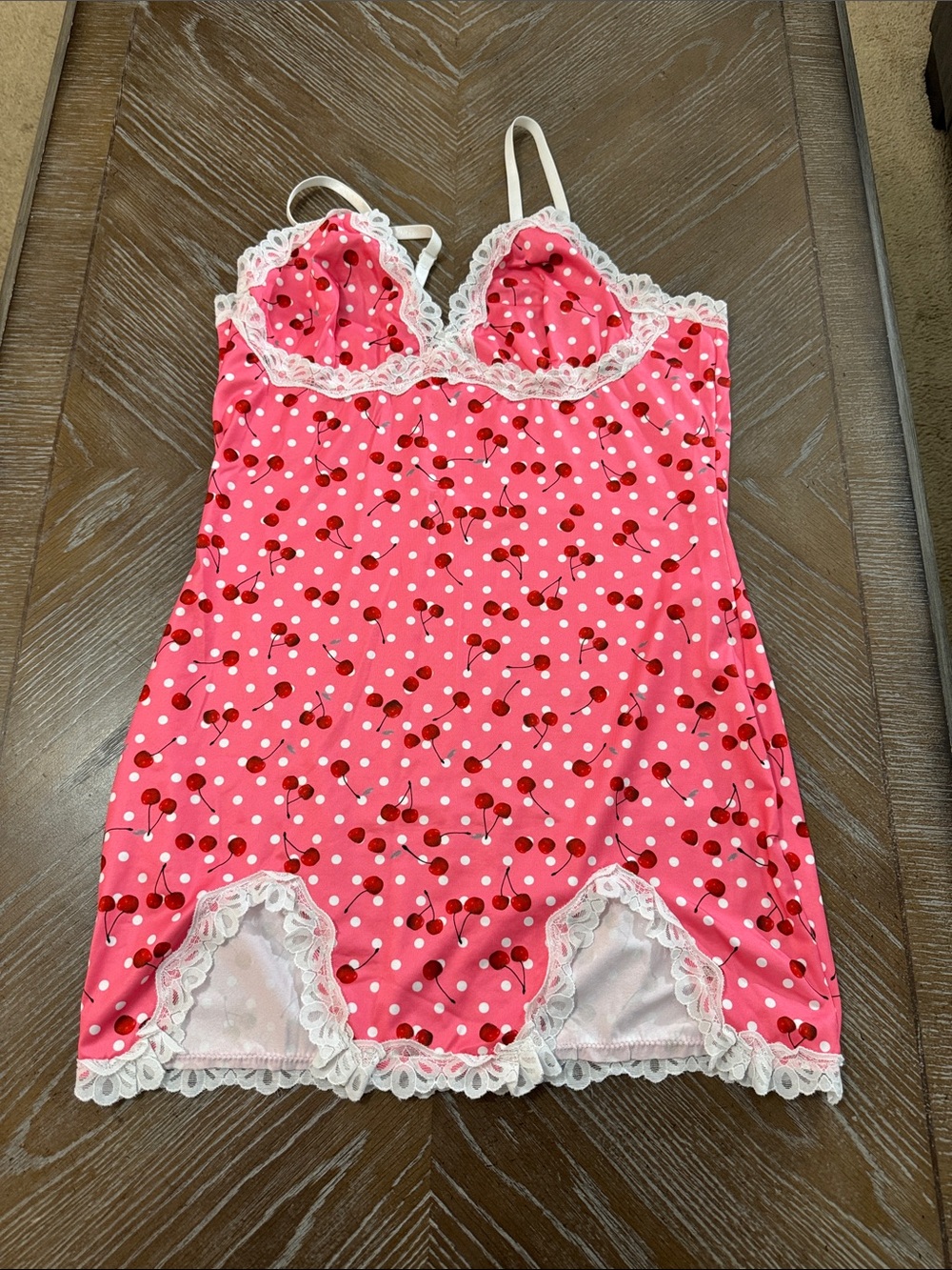 Pink Cherry Print Lace-Trim Chemise Nightdress